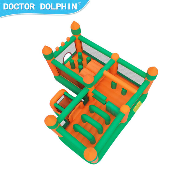 Aerial view of Adventure Kingdom obstacle course showing tunnel obstacles climbing wall and dual bounce zones