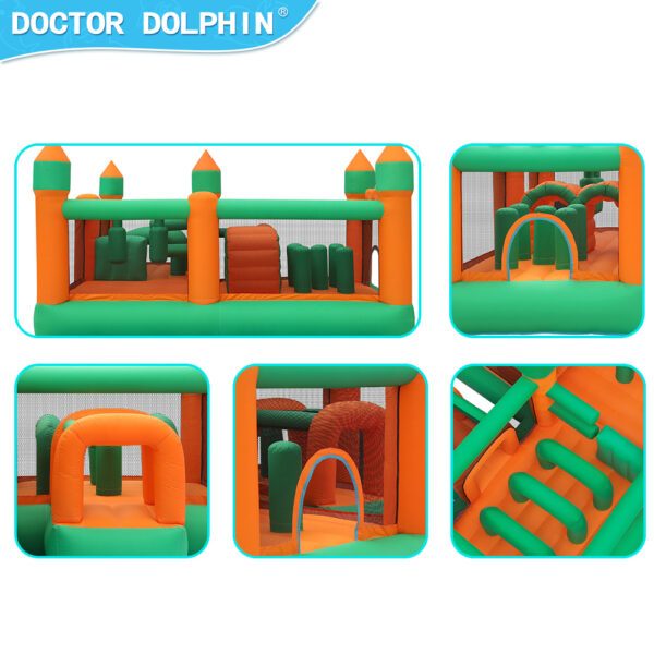 Adventure Kingdom obstacle course details showing pop up obstacles tunnel crawl through climbing ladder and arch entries