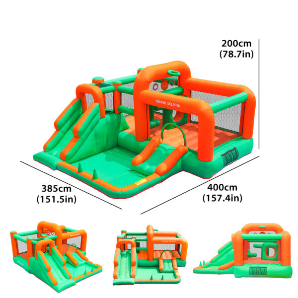 All-Star bounce house dimensions 400cm by 385cm by 200cm with front back and side views