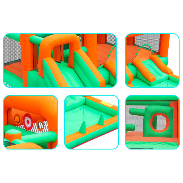 All-Star bounce house details showing dual slides target wall tunnel entrance and climbing ramp