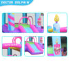 Candy Castle bounce house details showing pink slide donut arch birthday candle tower and cake artwork