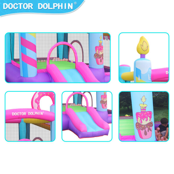 Candy Castle bounce house details showing pink slide donut arch birthday candle tower and cake artwork