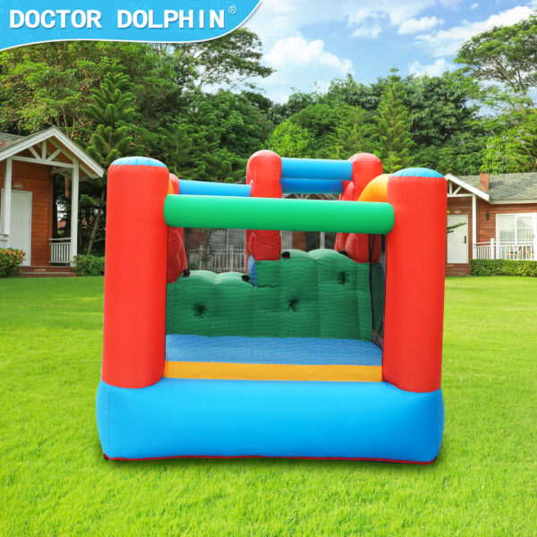 Back view of Speedway double slider showing bouncing area with mesh walls for kids party rental in Sherwood