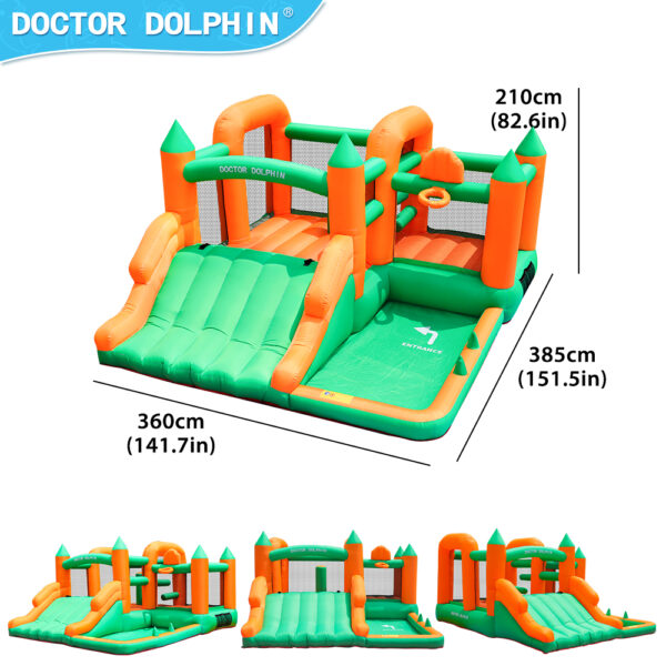 Grand Castle bounce house dimensions 360cm by 385cm by 210cm with front back and side views