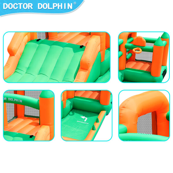 Grand Castle bounce house details showing wide slide surface basketball hoop entrance ramp and mesh safety walls