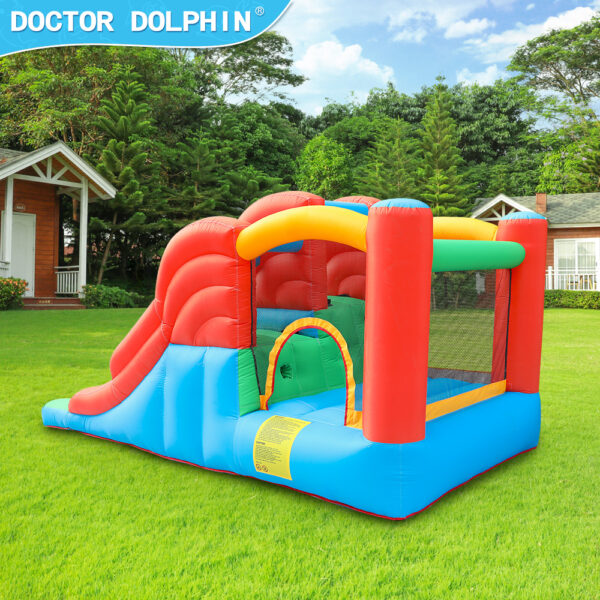 Side view of Speedway double slider bounce house with arch entry and tall wave slides near Portland Oregon