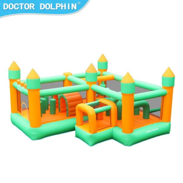 Adventure Kingdom obstacle course bounce house with two connected bouncing areas and castle towers in Portland OR