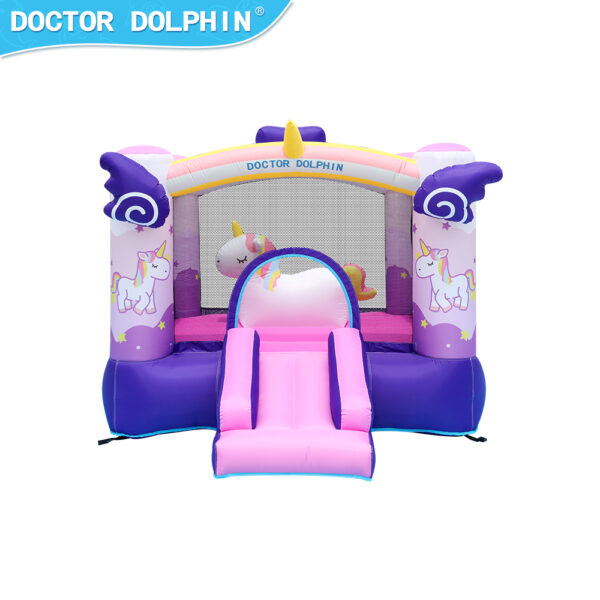 Front view of pink unicorn bounce house with rainbow arch slide and wing towers available near Portland Oregon