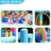 Rainbow bounce house details showing ball pit with kids ring toss cones mesh walls and rainbow arch entry