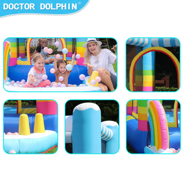 Rainbow bounce house details showing ball pit with kids ring toss cones mesh walls and rainbow arch entry