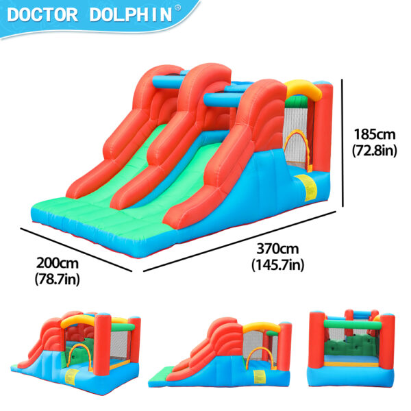 Speedway double slide bounce house dimensions 370cm by 200cm by 185cm with front back and side views