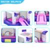 Unicorn bounce house details showing pink slide ride-on unicorn toy rainbow arch and swirl wing towers
