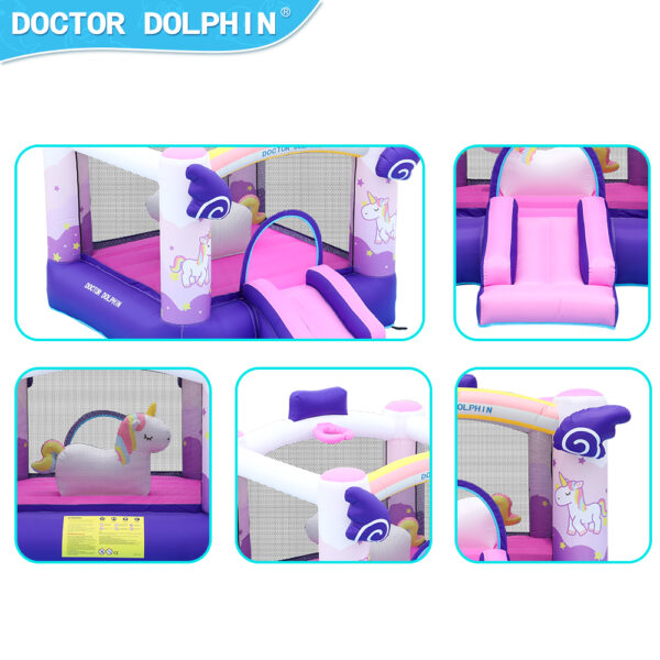 Unicorn bounce house details showing pink slide ride-on unicorn toy rainbow arch and swirl wing towers