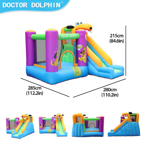 Puppy bounce house dimensions 285cm by 280cm by 215cm with puppy head slide and four angle views