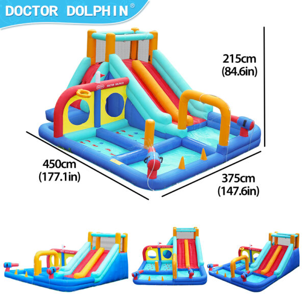 Aqua Arena Double Slider dimensions 450cm long 375cm wide 215cm tall with multiple angle views