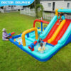 Kids splashing and sliding on Aqua Arena inflatable water park with double slide and pool in backyard - water slide rental Beaverton Oregon