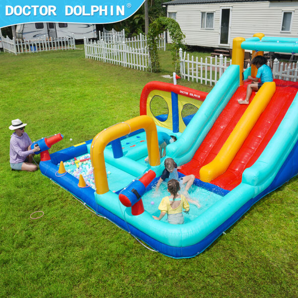 Kids splashing and sliding on Aqua Arena inflatable water park with double slide and pool in backyard - water slide rental Beaverton Oregon