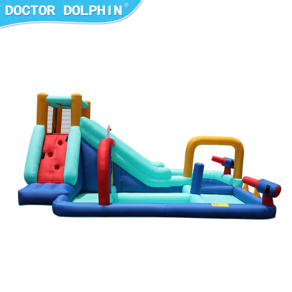 Aqua Arena Double Slider inflatable water park side view showing slide climbing wall and splash pool - water slide rental Portland Oregon