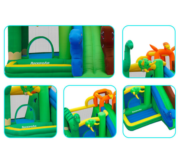 Dino Kingdom bouncer detail views showing slide climbing wall mesh netting and dinosaur decorations - bounce house rental Portland