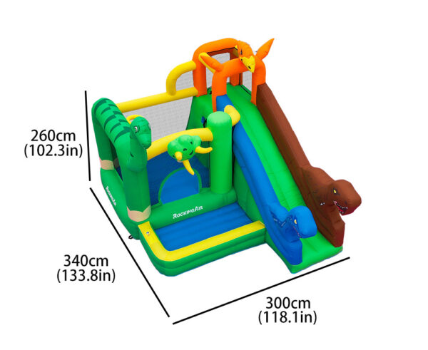 Dino Kingdom bounce house with slide dimensions 340cm long 300cm wide 260cm tall - inflatable rental size reference