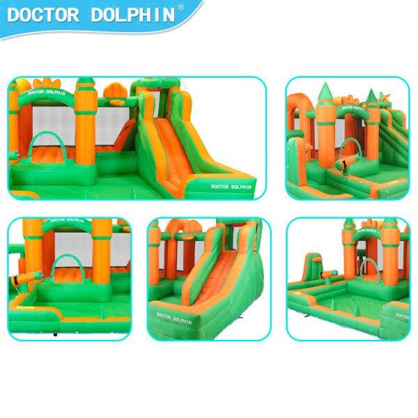 Enchanted Castle Splash Bouncer multiple angle views showing slide bounce area ball pit and castle towers - water slide rental Portland Oregon