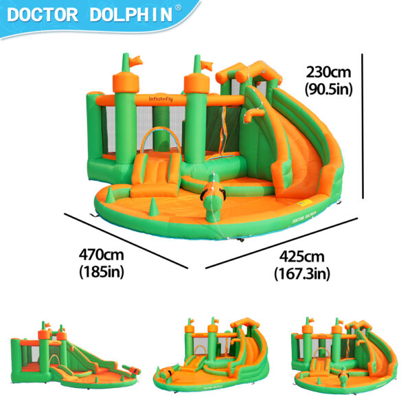 Jungle Castle Splash Bouncer dimensions 470cm long 425cm wide 230cm tall with multiple angle views