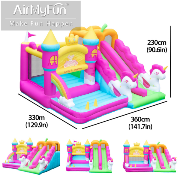 Princess Unicorn bounce house with double slide dimensions 360cm long 330cm wide 230cm tall with multiple angle views