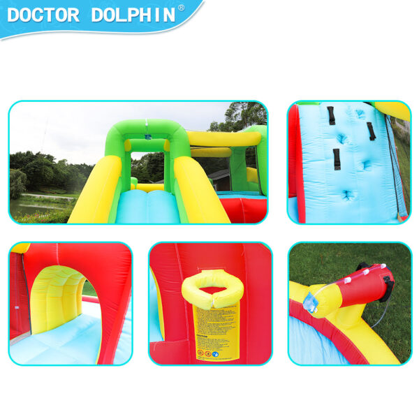 Splash Park Double Slider closeup details of dual slides climbing grips tunnel and water spray nozzle - inflatable water slide rental