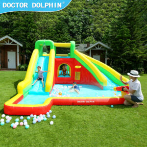 Kids playing on inflatable splash park with double slide and water pool in backyard - water slide rental Beaverton Oregon