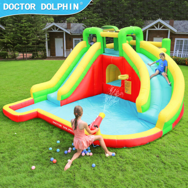 Kids sliding and spraying water guns on Splash Park Double Slider inflatable water slide rental in Beaverton Oregon