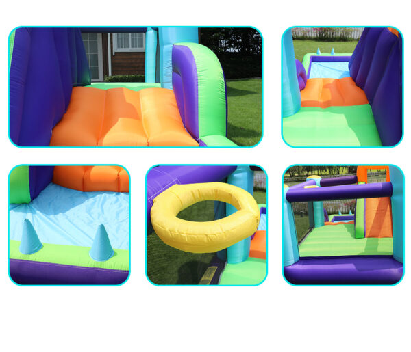 Summit Climber bouncer detail views showing climbing wall slide ball pit area and basketball hoop - inflatable rental Portland
