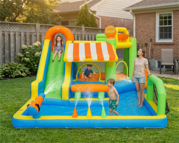 Kids playing on carnival themed splash park with slide water pool and shop awning in backyard - water slide rental Beaverton Oregon