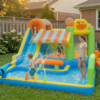 Kids sliding and splashing water on Carnival Splash Park inflatable with shop theme in backyard - water slide rental Beaverton Oregon