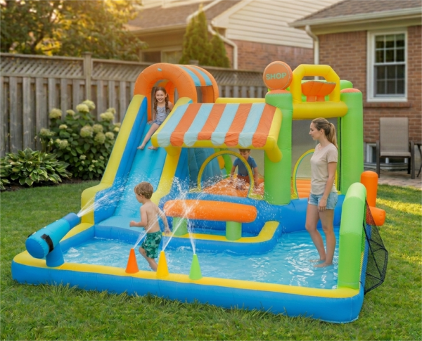 Kids sliding and splashing water on Carnival Splash Park inflatable with shop theme in backyard - water slide rental Beaverton Oregon