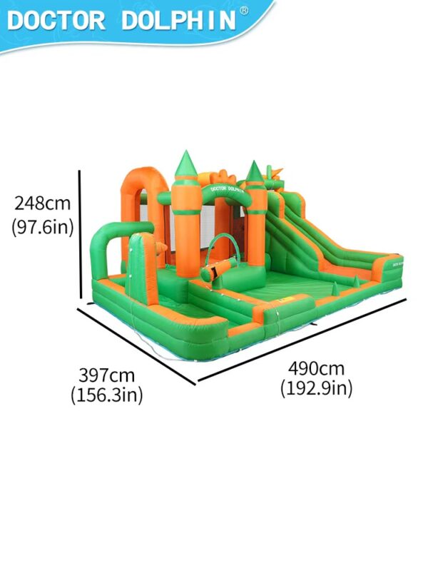 Enchanted Castle Splash Bouncer dimensions 490cm long 397cm wide 248cm tall - inflatable water park rental size reference