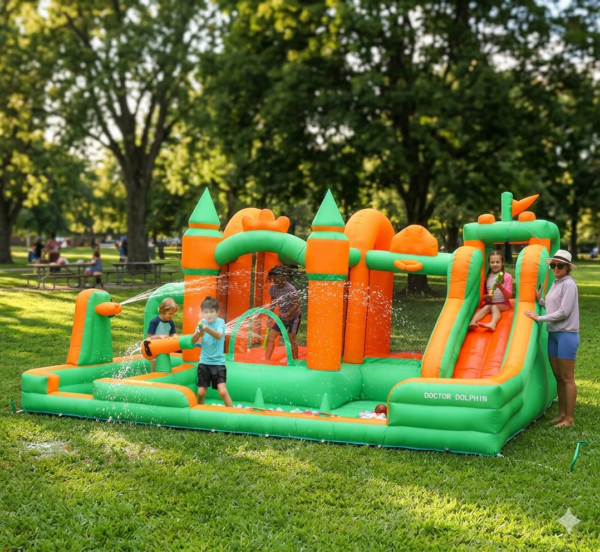 Kids playing on large green and orange enchanted castle splash bouncer with slide and ball pit - water slide rental Beaverton Oregon