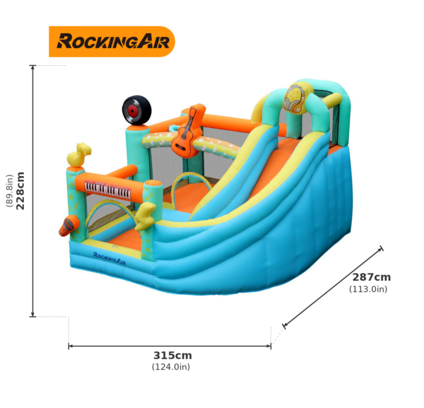 Rock star bounce house with slide dimensions 315cm long 287cm wide 228cm tall - inflatable rental size reference