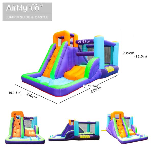 Summit Climber bounce house with slide dimensions 435cm long 240cm wide 235cm tall with multiple angle views